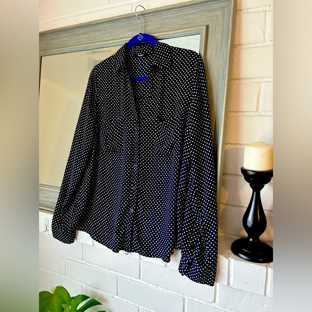 Navy Blue & White Polka Dot Button Up